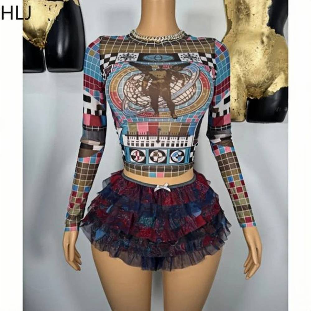 hlj yk fashion trend multicolour two piece sets women round