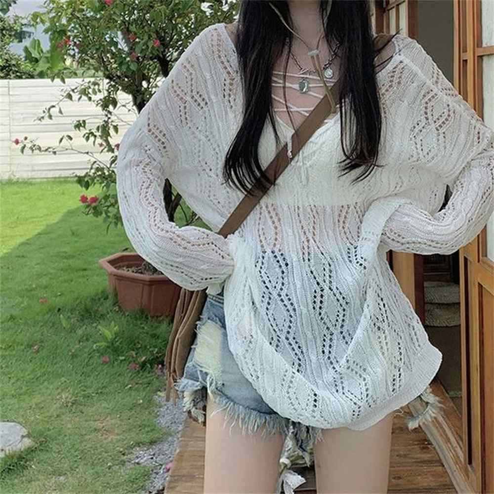 hole lazy style full sleeves jumpers tops hollow out sexy