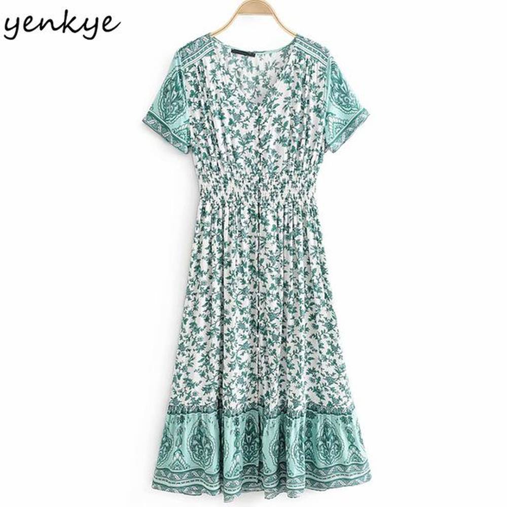 holiday summer dress women short sleeve v neck floral print