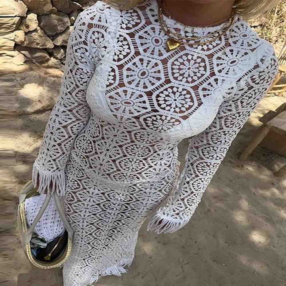 hollow out fringe beach long dresses holiday chic floral lace