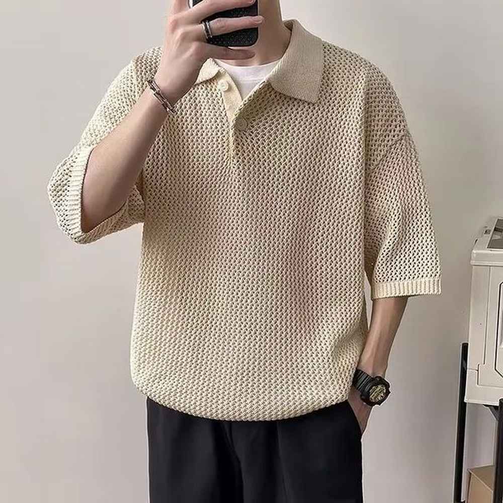 Hollow-out Solid Color Mens Polo Shirt Daily Leisure Loose Knitted Top.Breathable Durable T-shirt 241224