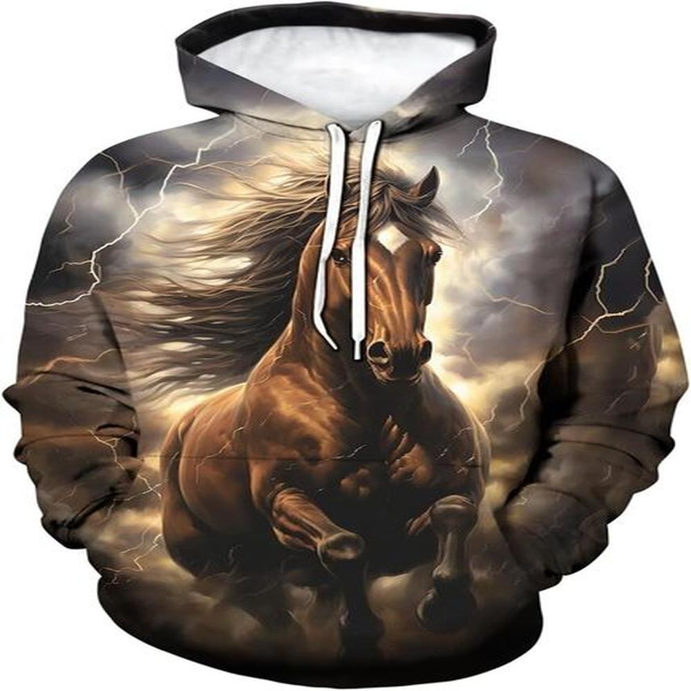 Hoodie for Mens Womens Men Brilliant Starlight Thunderbolt 3D Horse Printing Hoodies Aurora Animal Graphic Hooded Sweatshirts Graphic Hoodie