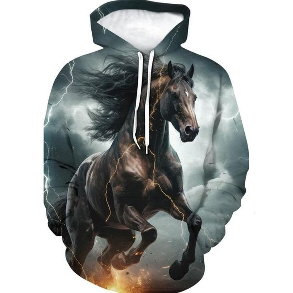Hoodie for Mens Womens Novelty Horse Print Animal 3D Pattern Sweatshirt Hooded Pullover with Pocket Graphic Warm