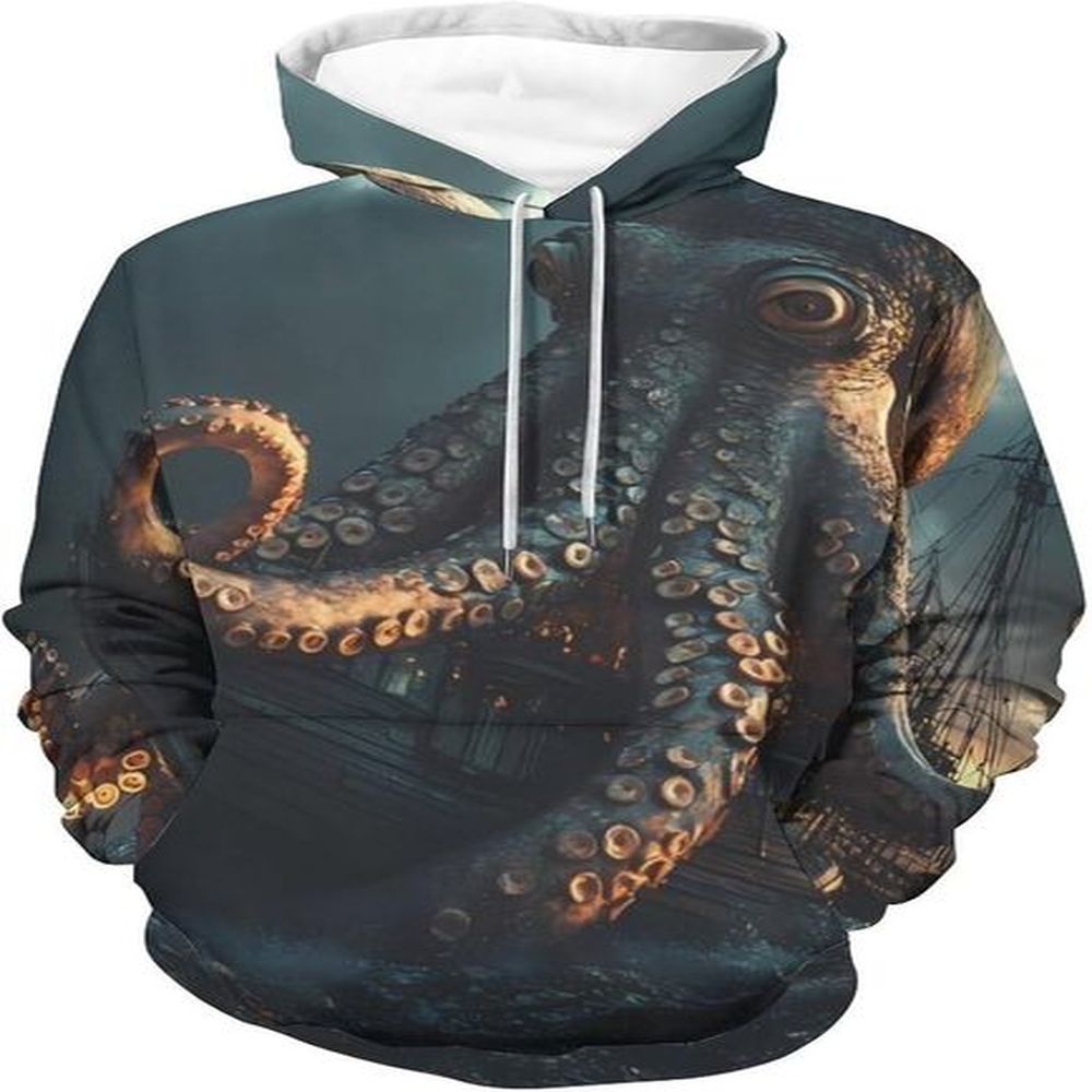 Hoodie for Mens Womens Vintage Sail Boat Cool Octopus Unisex Hoodies 3D Printed Pullover Sweatshirt Casual Hooded Sweater Tops Graphic Warm