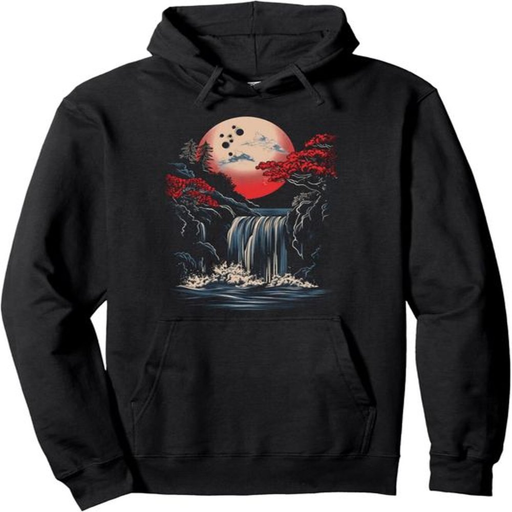Hoodie for Mens Womens Waterfall Nature Aesthetic Japanese Art Mountains Trees Sun Pullover Hoodie Graphic Hoodies sweatshirt