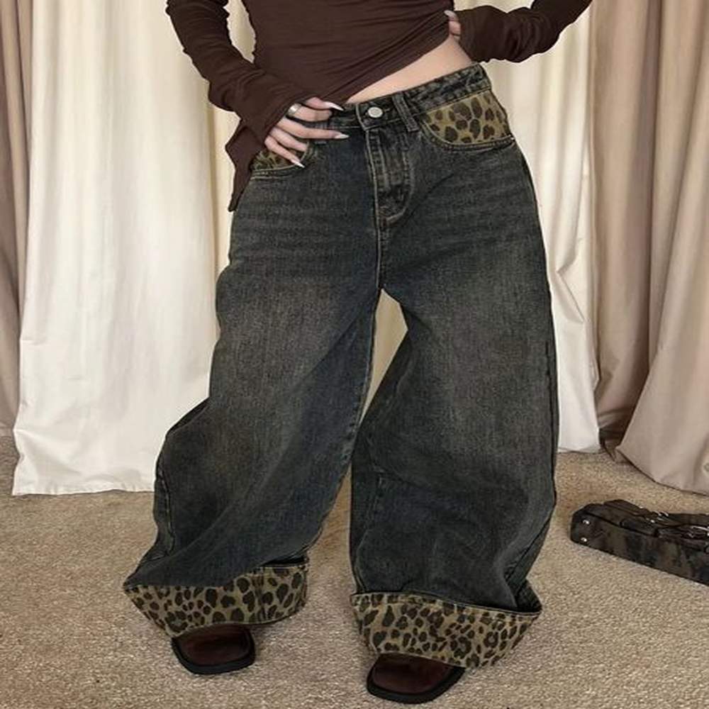 hosen yk streetwear leopard patchwork baggy jeans pants for women