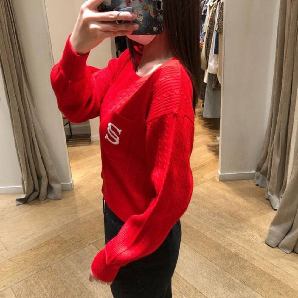 hot sandro red letter embroidery crew neck knitted sweater
