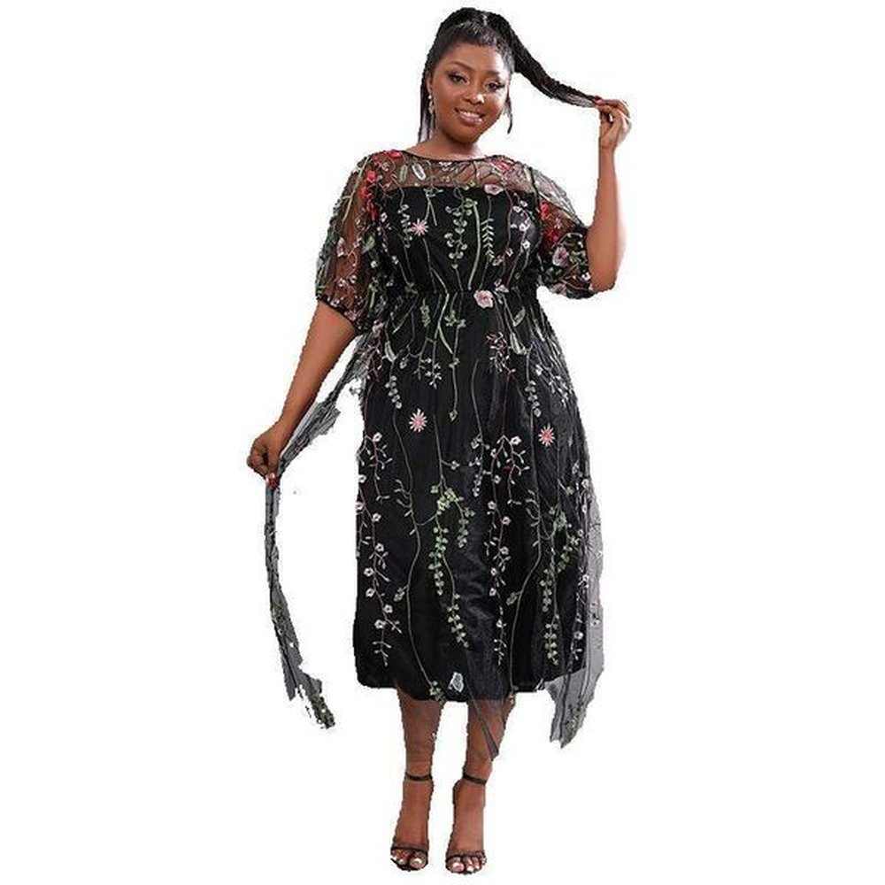 hot selling french hepburn style plus size mesh embroidered round