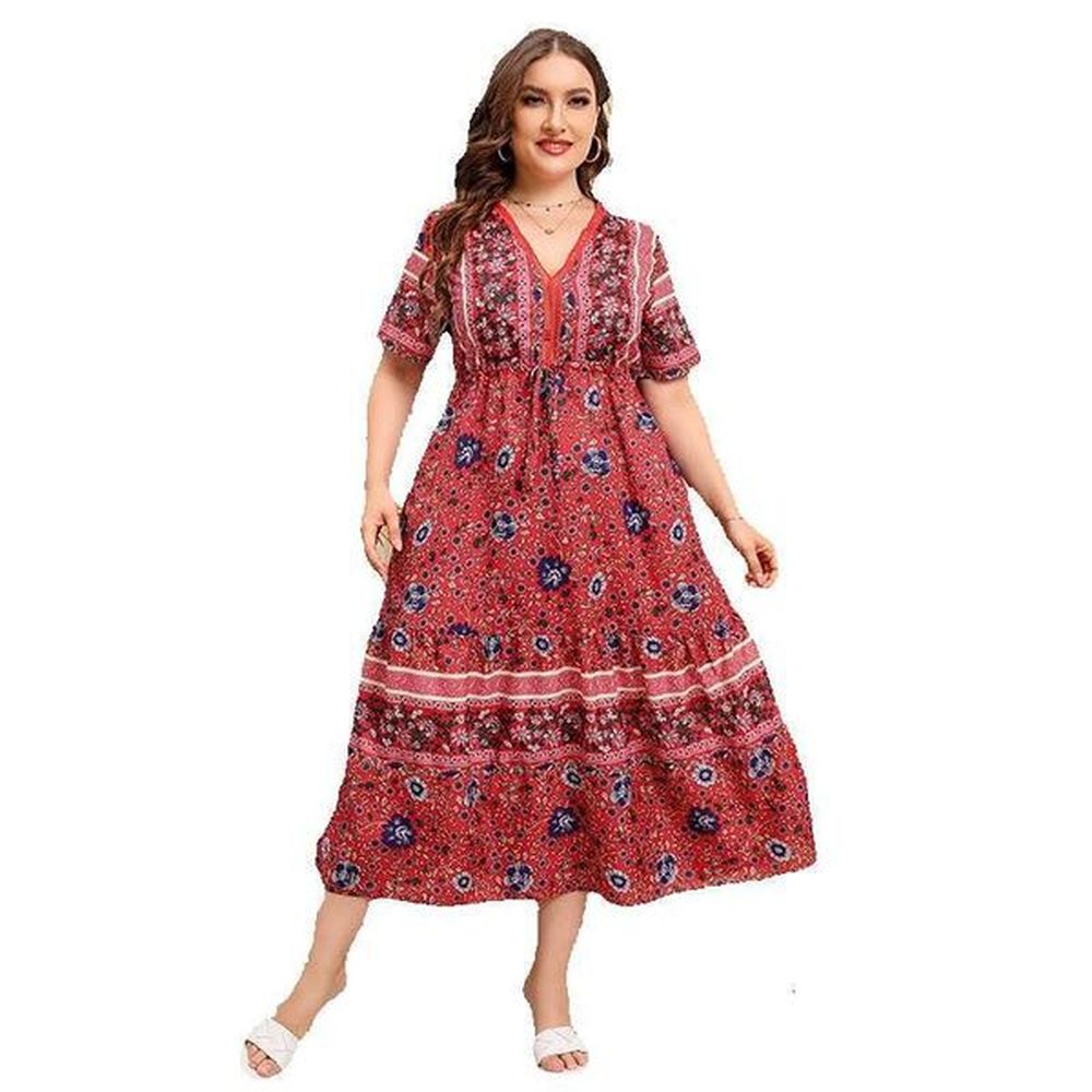 hot selling oversized floral dress with bohemian lace vneck long