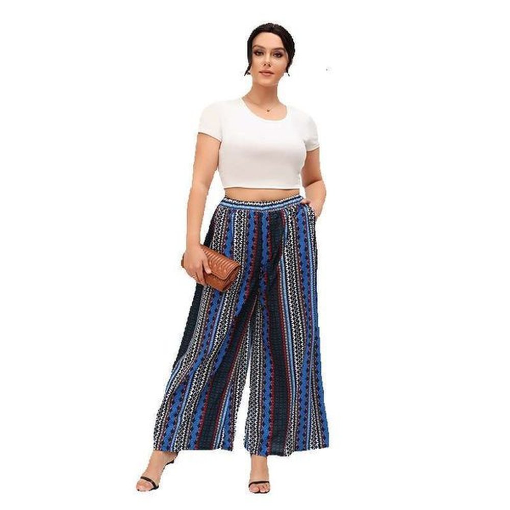 hot selling oversized wide leg bohemian striped blue elastic waist
