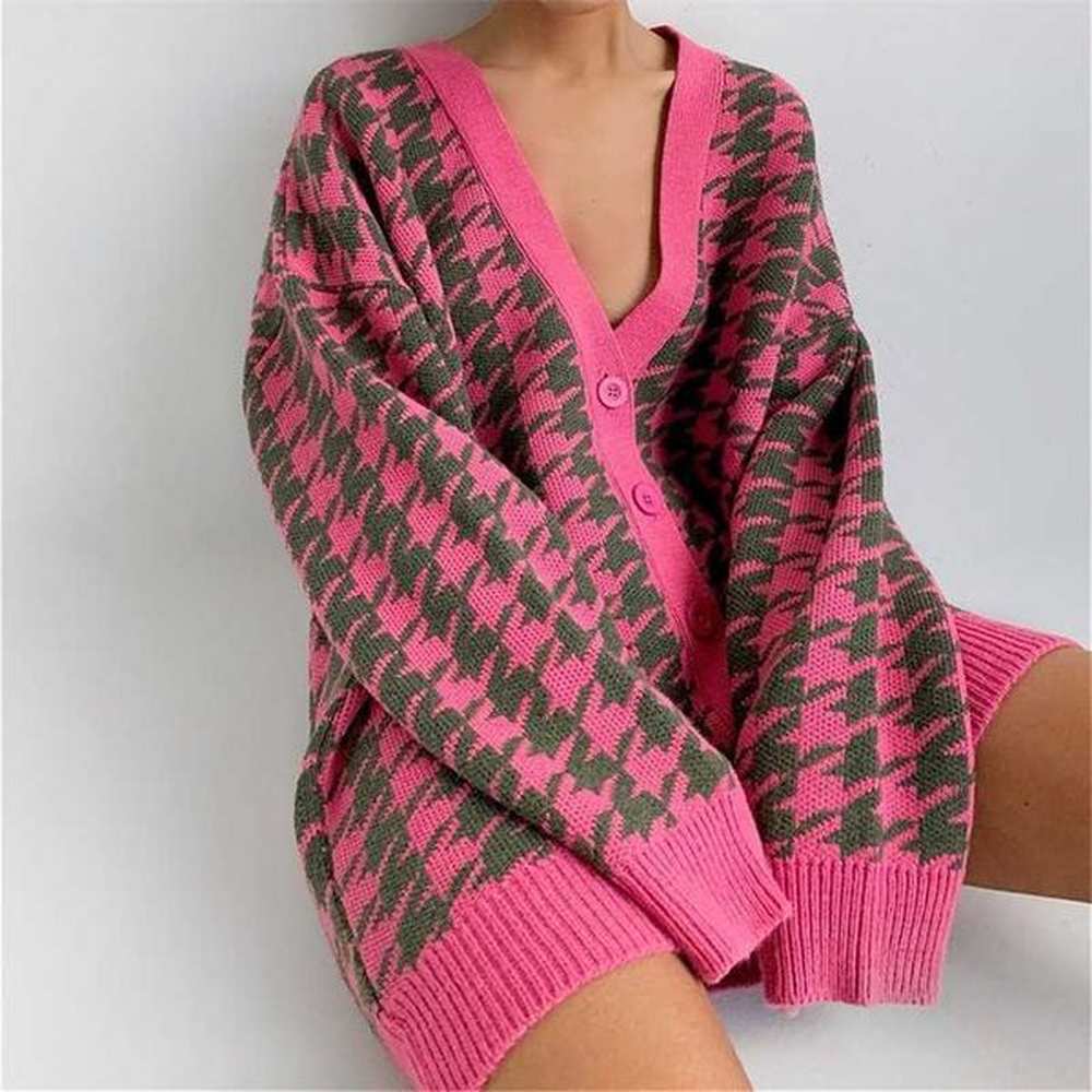 houndstooth vneck knitted cardigan women long sleeve female sweater coat