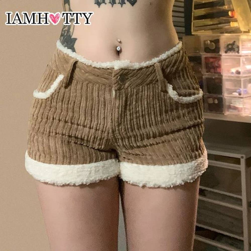 iamty contrast furry patchwork corduroy shorts high waist skinny booty