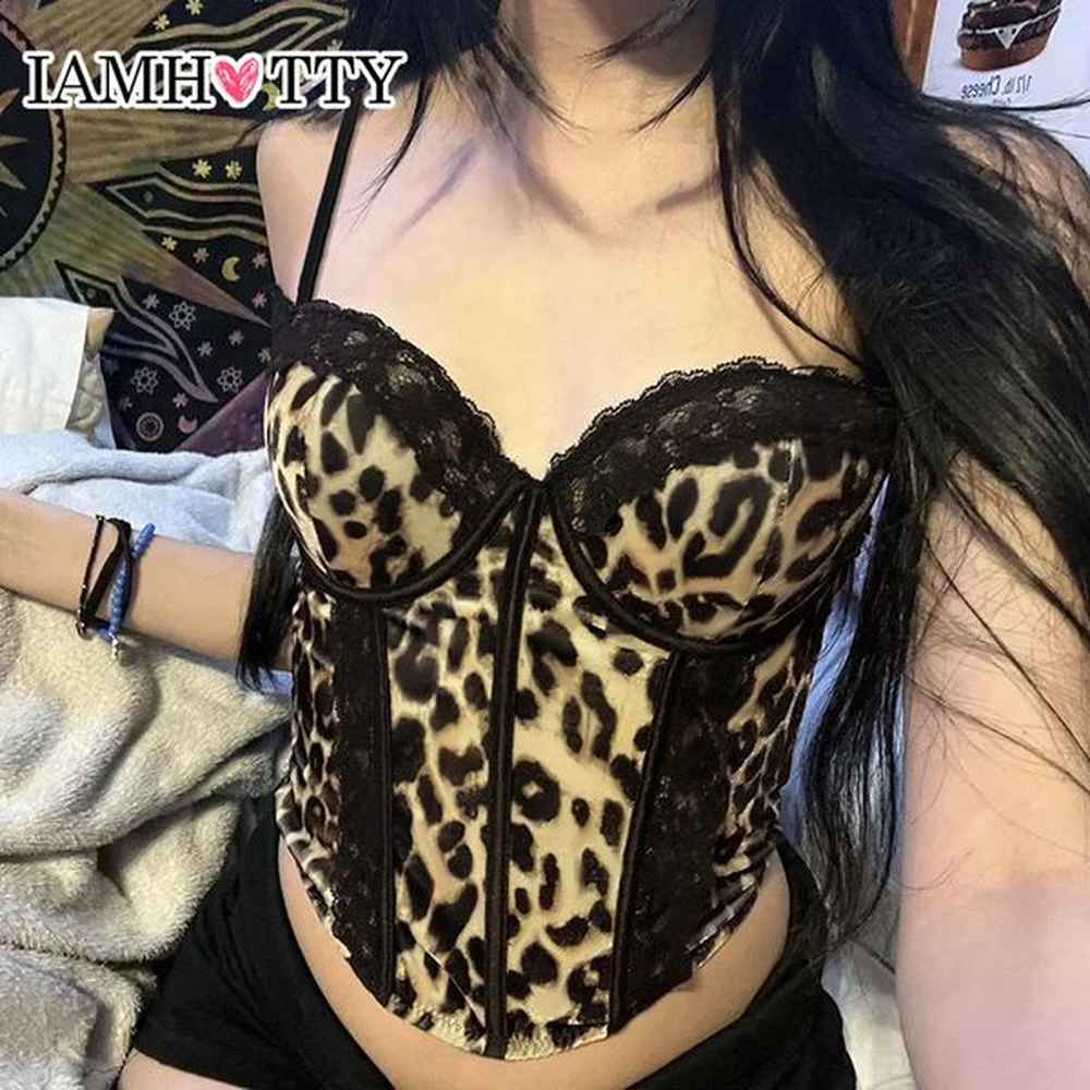 iamty leopard print corset womens contrast color lace patchwork crop