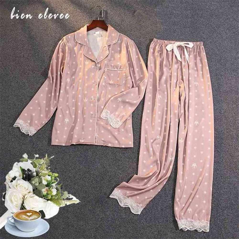 ice silk pajamas sets printing pyjama long sleeve button autumn