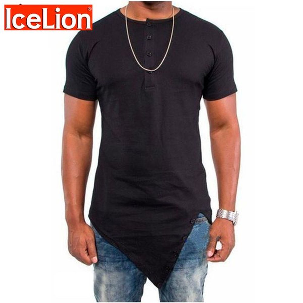 IceLion 2021 Summer T Shirt Men Irregular Hem Short Sleeve T-shirt Fashion Button Collar Hip Hop Streetwear Tops Slim Fit Tshirt 210225