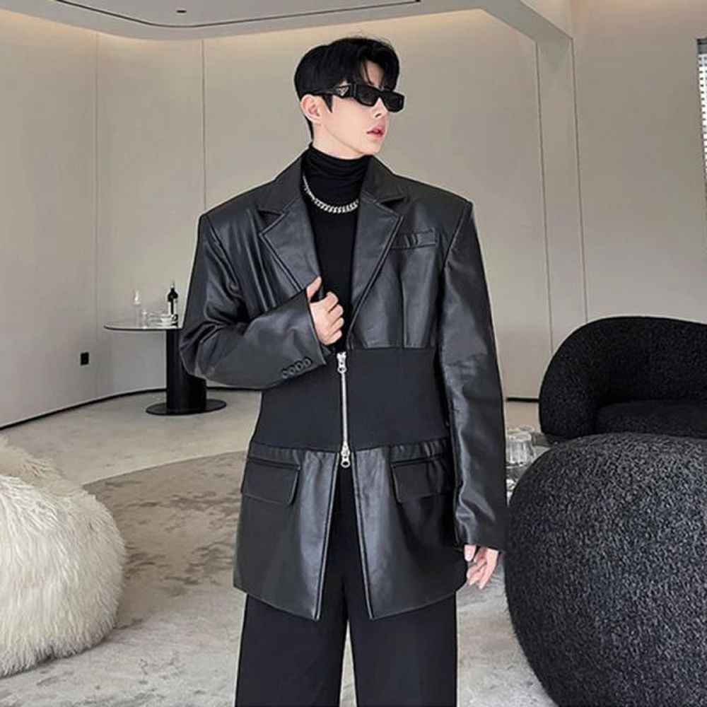 iefb slim men leather blazers knitted waistband and leather zipper