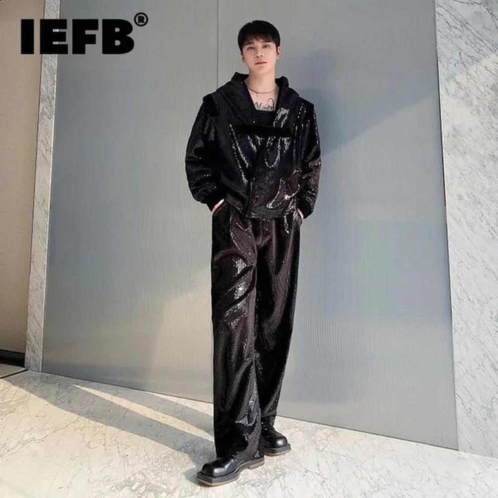 IEFB Spring Korean Two-piece Velvet Embroidered Sequin Hooded Short Jacket Wide Leg Straight Pants Set 2024 Trend 9C5084 240815