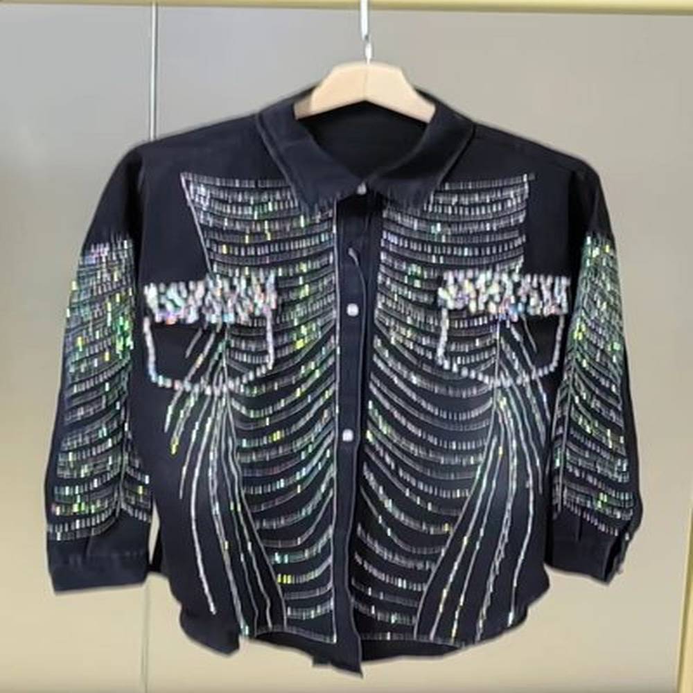 in autumn sparkle stripe diamonds midlength black denim coat for