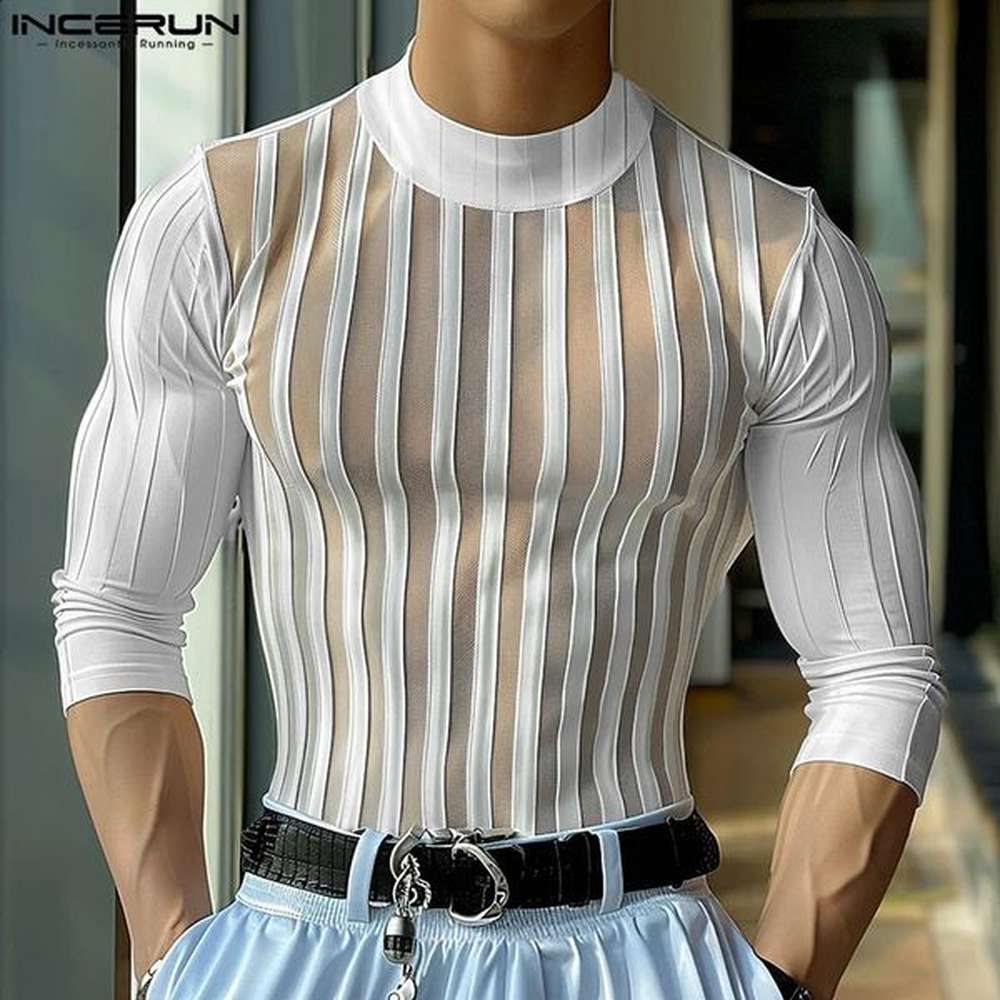 INCERUN Men T Shirt Striped Mesh Patchwork Turtleneck Long Sleeve Men Clothing Streetwear 2024 See Through Fashion Camsietas 241011