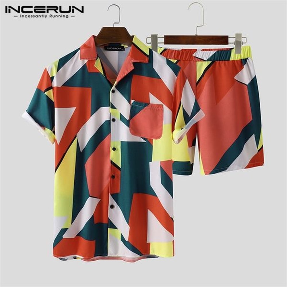 INCERUN Summer Fashion Men Sets Printed Short Sleeve Lapel Shirt Casual Shorts Beach Men Hawaiian Suit 2 Pieces Streetwear 220602