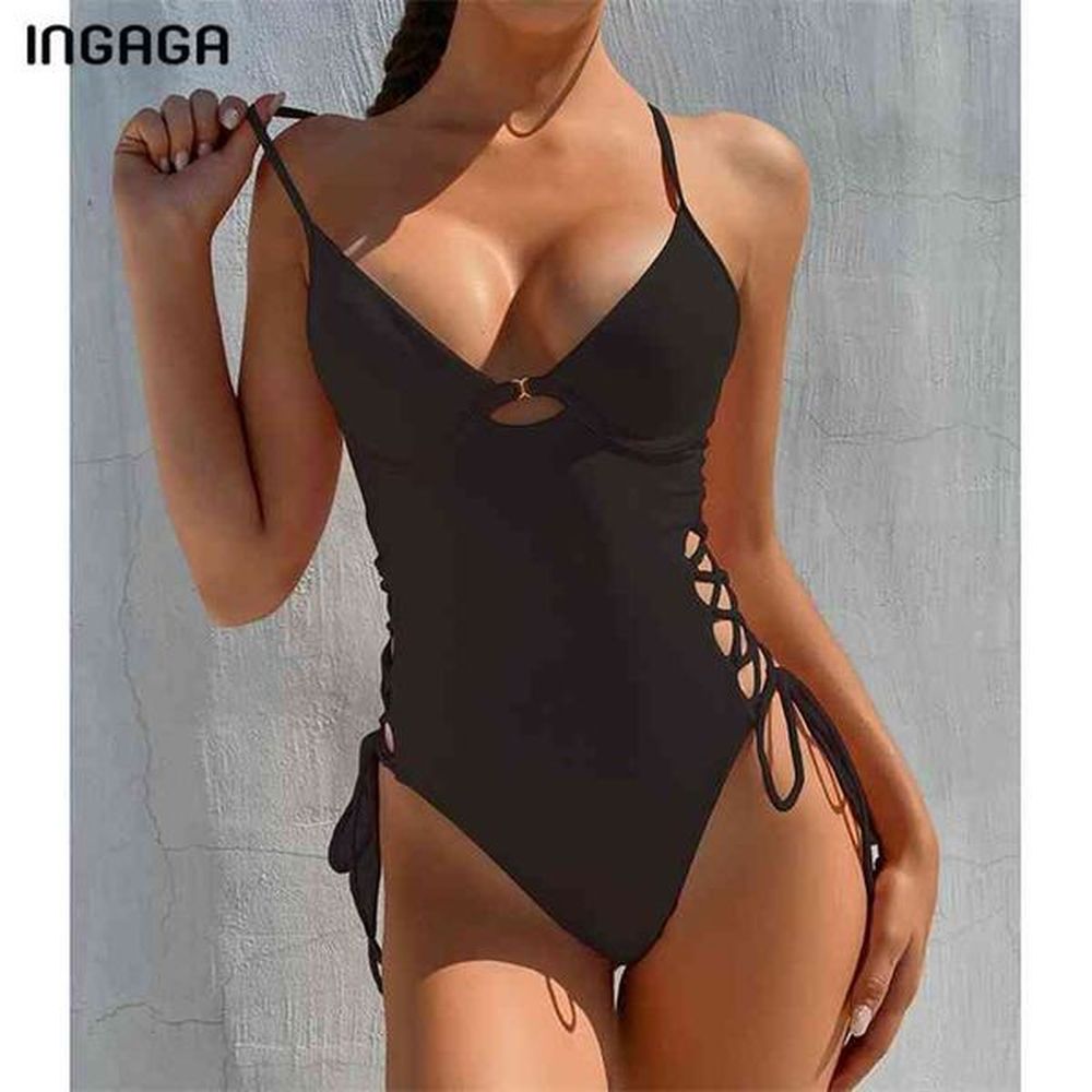 ingaga push up swimsuits womens swimwear laceup bodysuits solid high