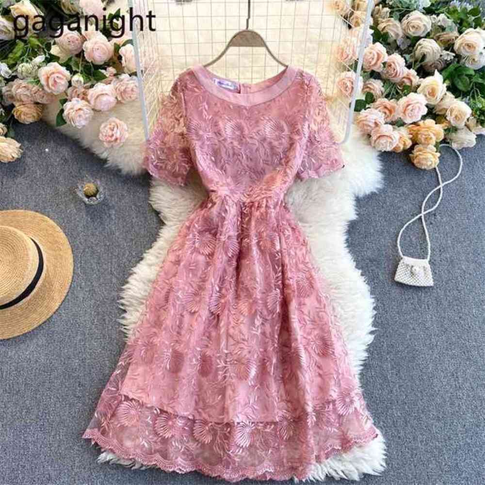 ins aline mesh embroidery short sleeve women dresses kneelength oneck