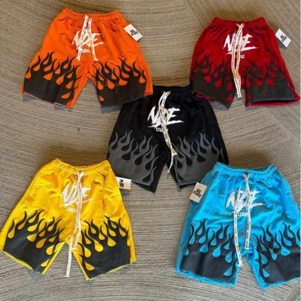 Ins Net Red Shorts Men Women Foam Flame Print American Retro Street Style Five Pants Y2k Cotton Solid Color Loose Couple Pants 240830