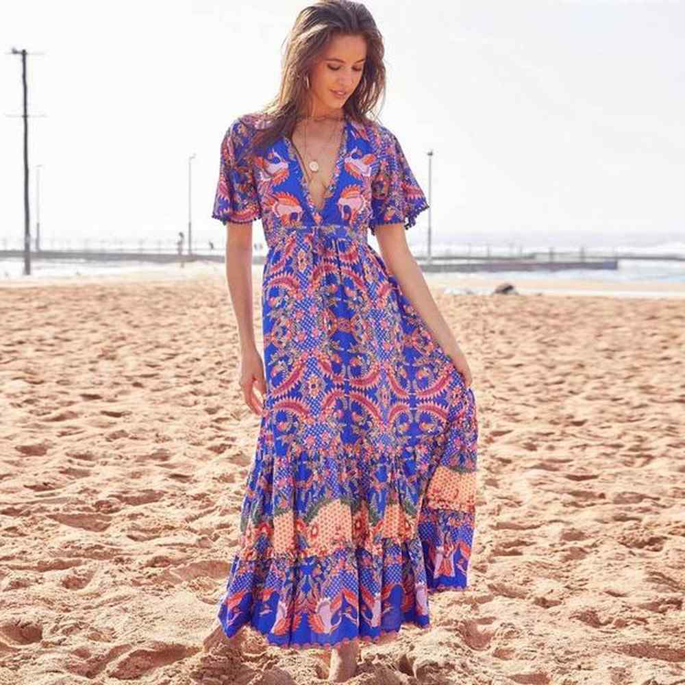inspired bodhi print bohemian style summer dress high split vneck