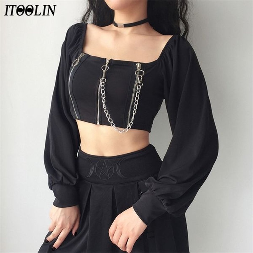 itoolin women yk chains tees dark black gothic zipped top