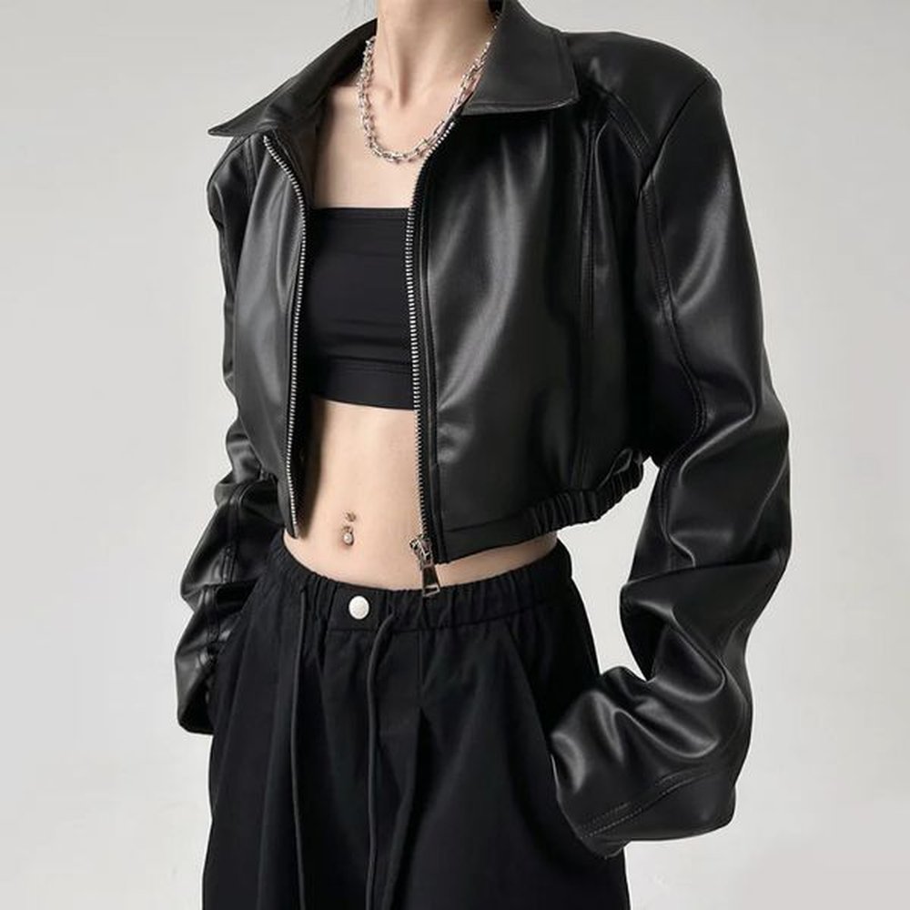 jackets pu leather women black lapel long sleeve crop coats