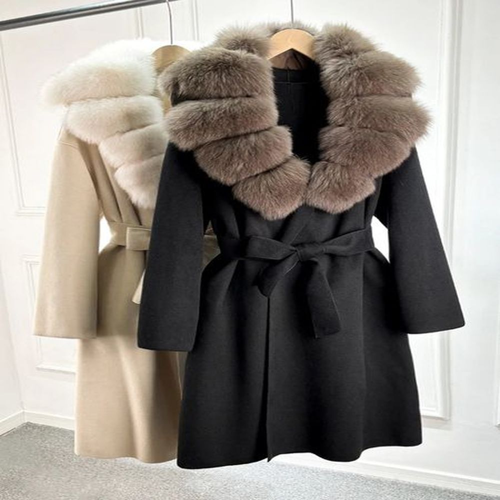 janveny autumn winter wool jacket womens natural fox fur