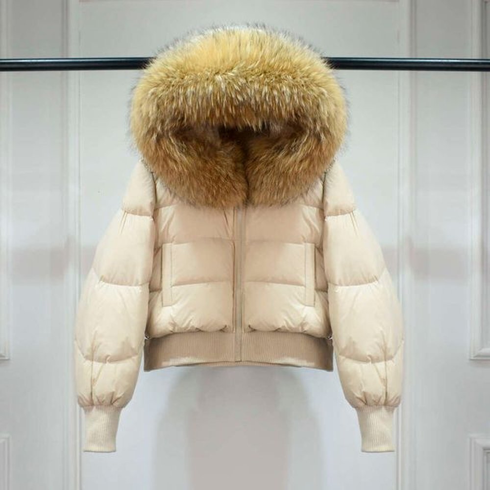 janveny big real raccoon fur hooded short fluffy puffer jacket