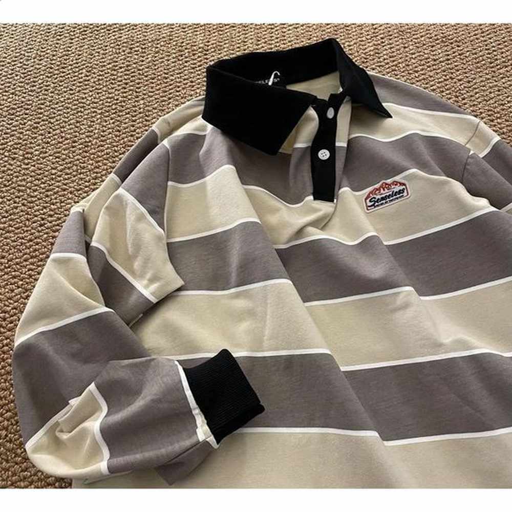 Japan Retro Striped Long-sleeved POLO Shirt Top Men Women Loose Trend Couple BF Lapel Sweatshirt Preppy Hip Hop Cool Shirts 241230