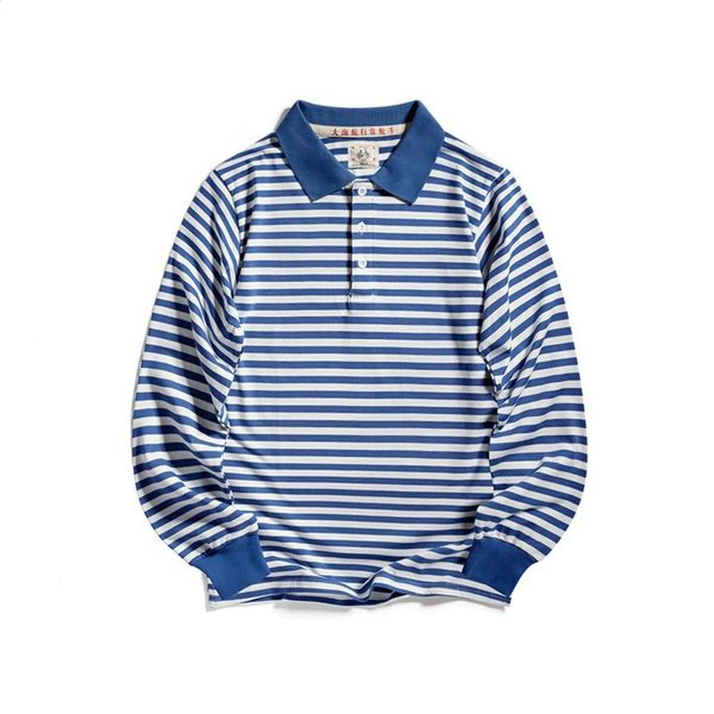 Japanese retro blue striped polo street clothing mens long sleeved T-shirt 80s niche retro nostalgic paperback 241116