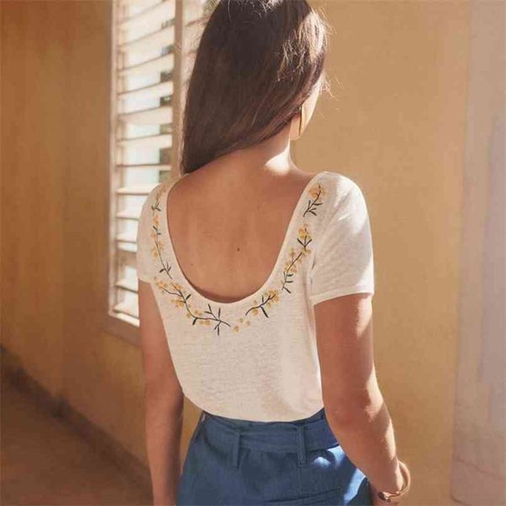 jastie shortsleeved linen tshirt floral embroidery back chic women top