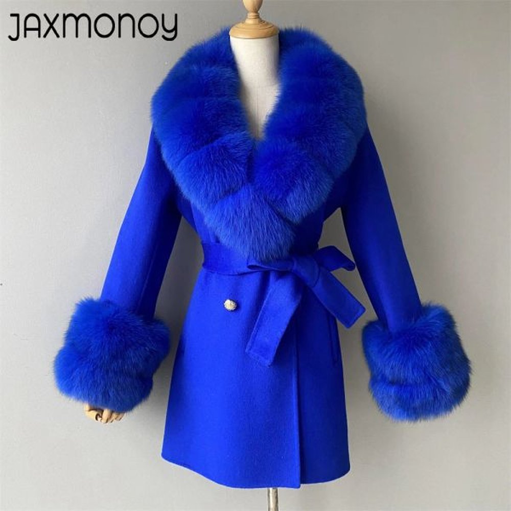jaxmonoy women cashmere coat with real fox fur collar and