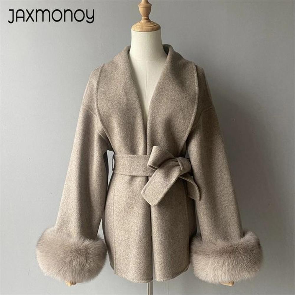 jaxmonoy womens wool coat with real fur collar and cuffs