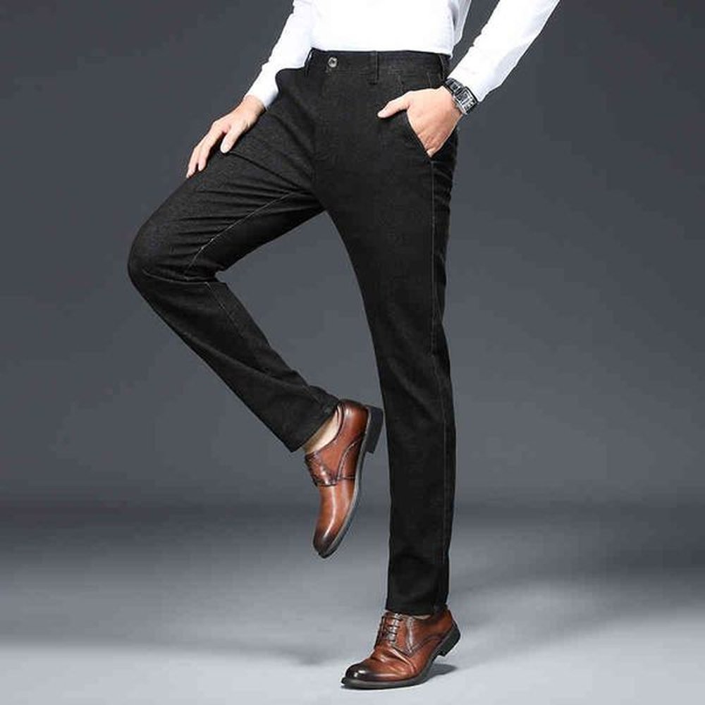 jeans Autumn and winter men's embroidered jeans loose straight dad's new fast heating fiber elastic high waist pants