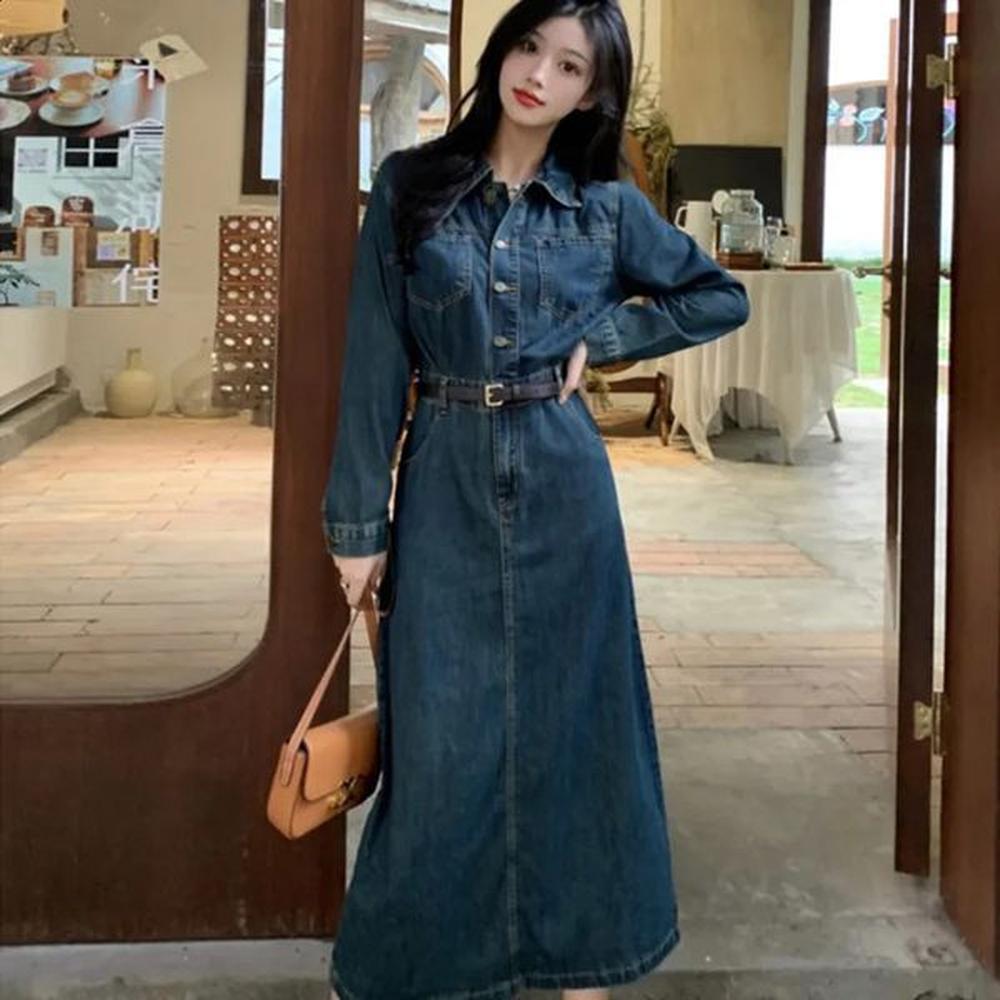 jeans dresses women denim daily long sleeve vintage solid office