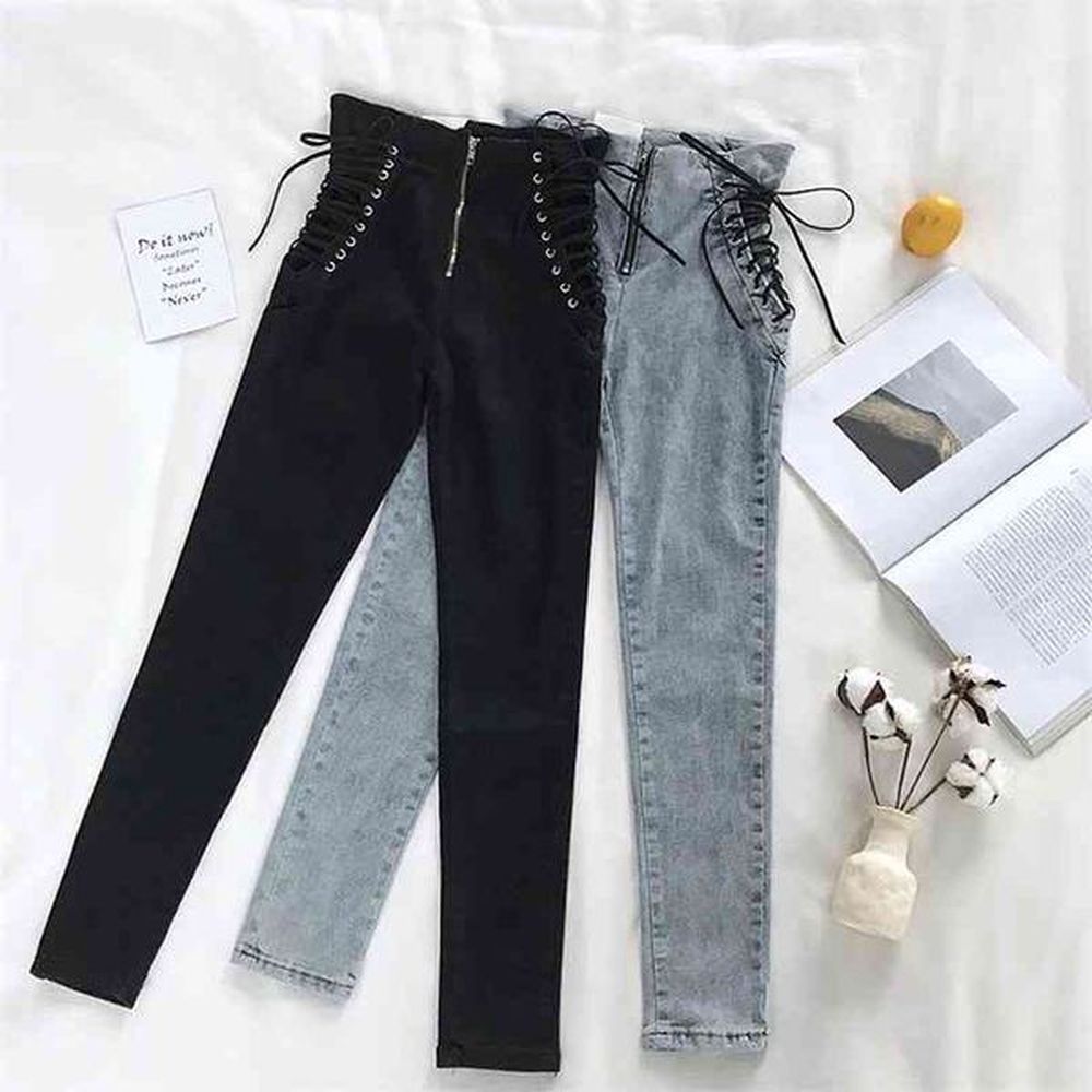 jeans female denim pants lace up on side womens plus