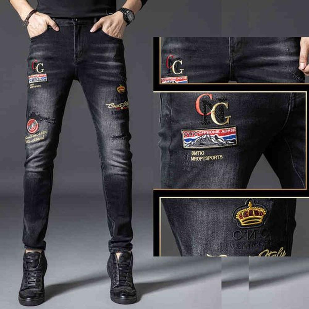 jeans 2021 high end heavy craft jeans men's Guochao brand black embroidery autumn and winter thick slim fit elastic Leggings