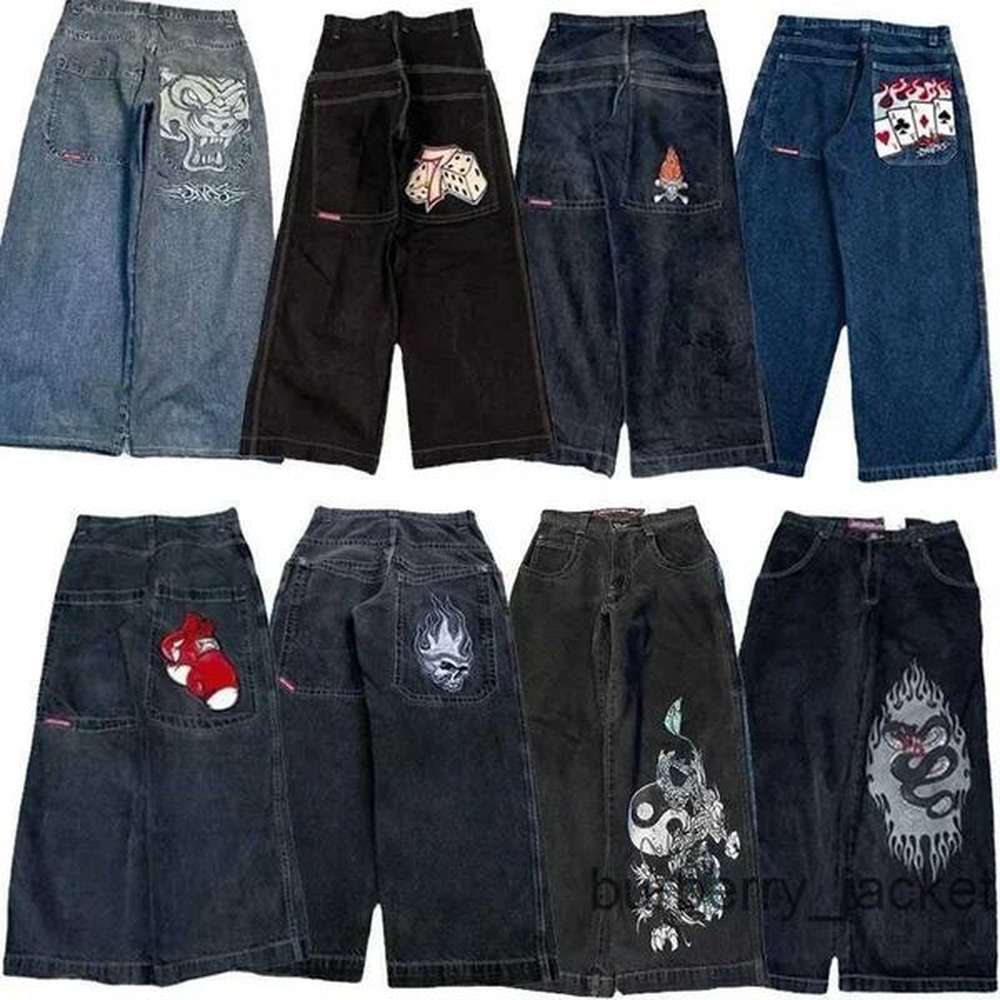 Jeans JNCO Y2K Pants Mens Hip Hop Embroidered Retro Blue Baggy Harajuku Gothic High Waist Wide Leg Trousers Streetwear Fully embroidered cot