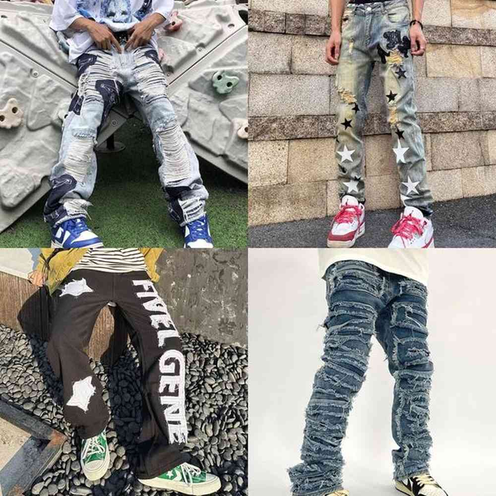 Jeans Spring Y2K Men's Vintage Ripped Clothes Fashion Trousers Cross Splicing Streetwear Straight Baggy Pants For Men