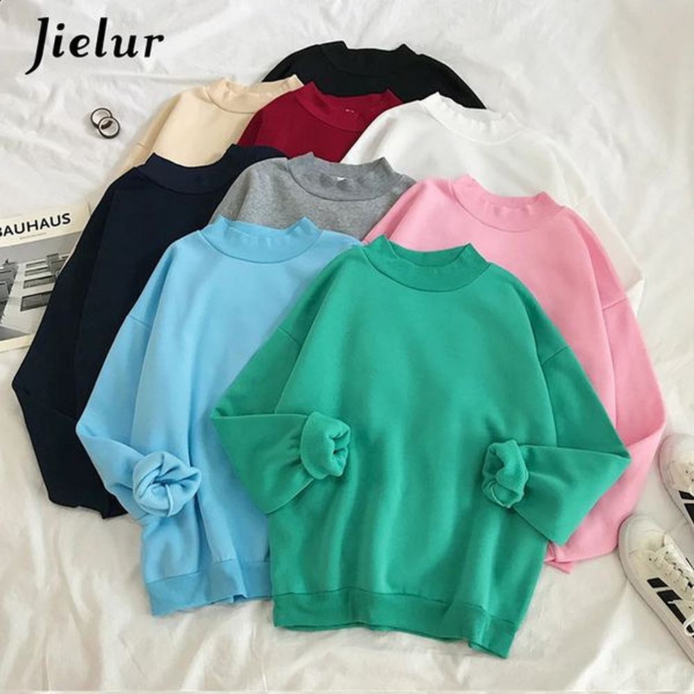 jielur color pink green oneck hoodie womens winter autumn pullover