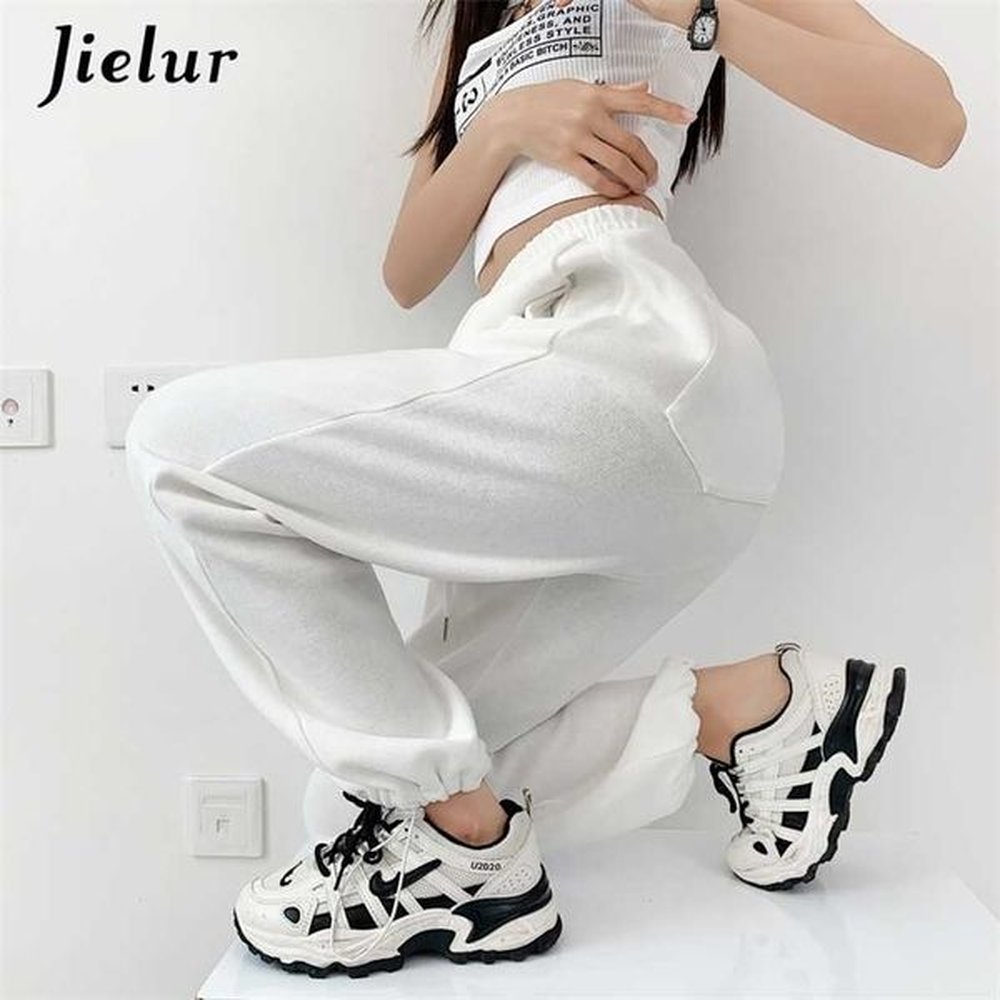 jielur korean white blue pants women high waist loose drawstring
