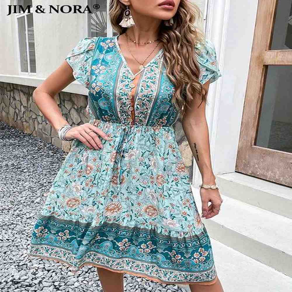 jim nora boho floral print dress v neck short sleeve