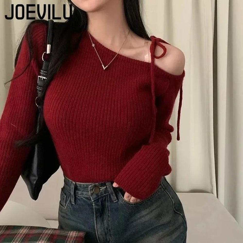 joevilu slanted collar tied irregular pullover womens long sleeved knitted