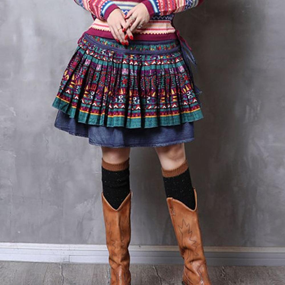 johnature autumn fashion floral print patchwork retro pleated denim half