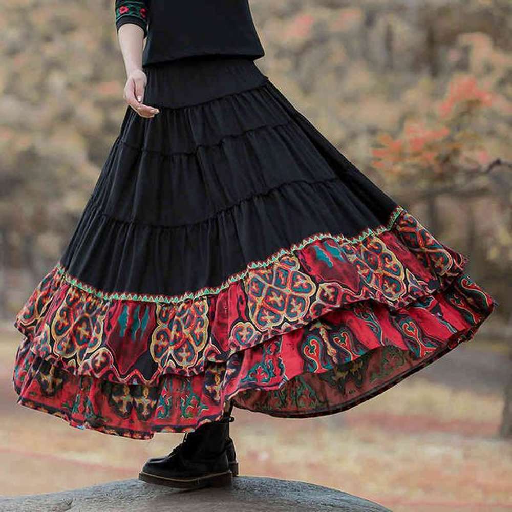 johnature vintage long skirt patchwork retro women clothes autumn national