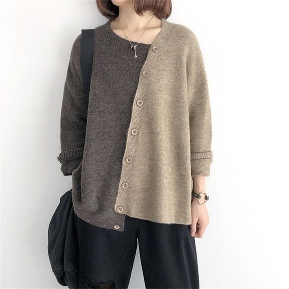 johnature women patchwork color autumn sweaters cardigan vintage fall loose